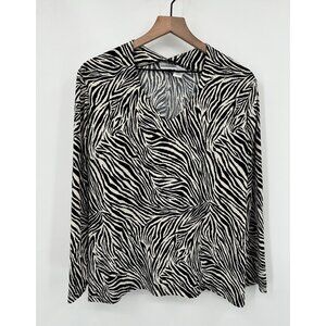 Chicos Zebra Print Blouse Women XL (3)  V-Neck Black White Long Sleeve